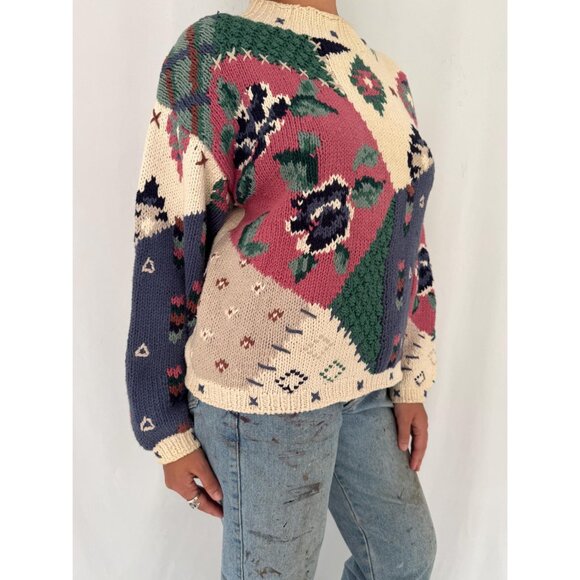 80s vintage multicolor floral patchwork grandma thick chunky hand knit sweater - Picture 7 of 10